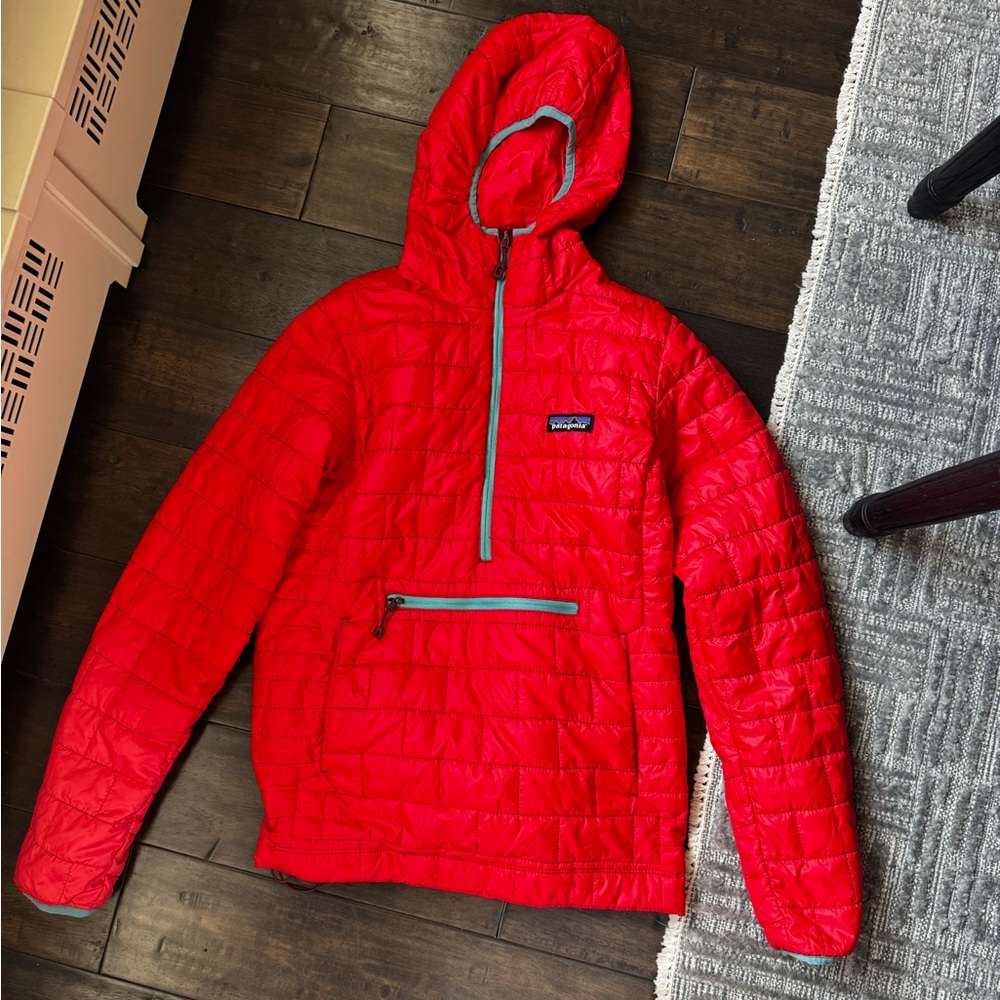 Patagonia Red Hooded Puffer with Teal Trim